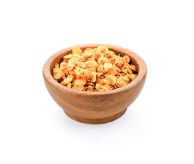 Bowl of muesli isolated on white background, top view