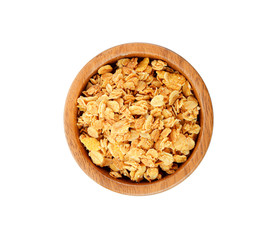 Bowl of muesli isolated on white background, top view