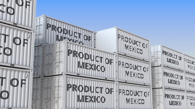 Containers with PRODUCT OF MEXICO text in a container terminal, loopable 3D animation