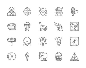 Set of Prehistoric Age Line Icons. Neanderthal, Dinosaur, Primitive Axe and more