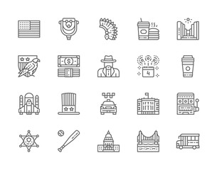 Set of American Culture Line Icons. Bald Eagle, Dollar, Cowboys, Casino and more