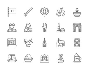 Set of Indian Culture Line Icons. Elephant, Tuk Tuk Car, Cobra, Sitar and more.