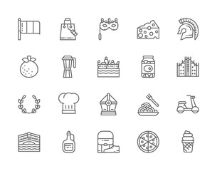 Set of Italian Culture Line Icons. Gladiator Warrior, Mandarin, Gondola and more