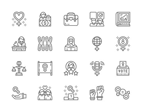 Set of Feminism Line Icons. Female Protest, Salary, Gender Gap, Lesbian and more