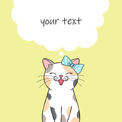 Cute cartoon cat character. Greeting card or invitation template with place for text. Hand drawn illustration