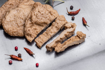 Fake meat. Meat analogue (also called  alternative, substitute, mock, faux, imitation, vegetarian, vegan) meat. Wheat gluten, also called seitan, mianjin, milgogi, gluten meat.