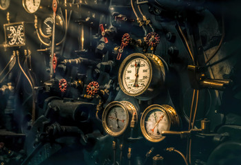 Steampunk Locomotive engineer's controls and gauges nobody