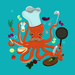 Cook - octopus is cooking. Cartoon style. vector