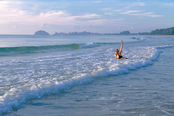 Woman and bikini happy wave on beach