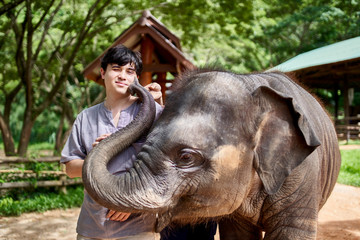 thai tourist posing with baby elephant while it sucks his face
