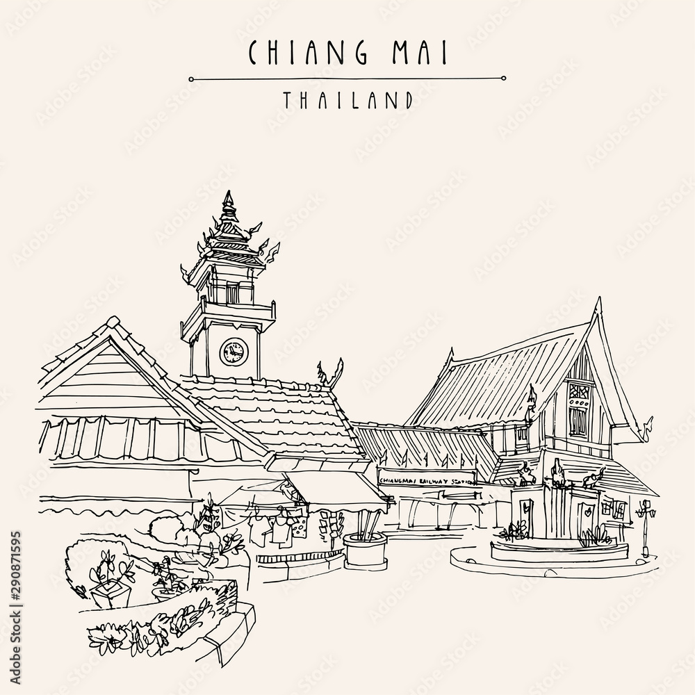 Wall mural chiang mai, thailand. railway station. historical train station building. hand drawn vintage postcar