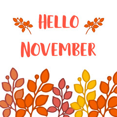 Hello november, design art of leaf frame background. Vector