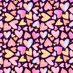 Seamless background with hearts. Watercolor pattern with colorful hearts on a dark background. Hand painted romantic texture for packaging, wedding, birthday, Valentine's Day, mother's Day	