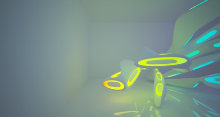 Abstract architectural smooth white interior of a minimalist house with color gradient neon lighting. 3D illustration and rendering.