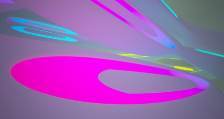 Abstract architectural smooth white interior of a minimalist house with color gradient neon lighting. 3D illustration and rendering.