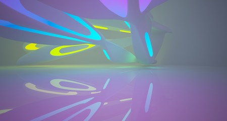 Fototapeta na wymiar Abstract architectural smooth white interior of a minimalist house with color gradient neon lighting. 3D illustration and rendering.