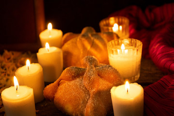 Day of the dead bread with candles