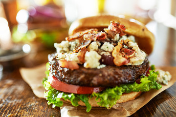 blue cheese hamburger with bacon shot with selective focus