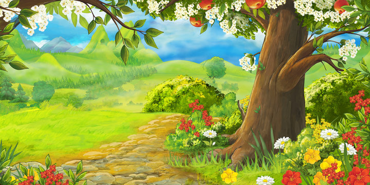 cartoon summer scene with path in the forest or garden - nobody on scene -  illustration for children Stock Illustration | Adobe Stock