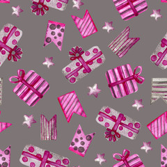 Festive background with Christmas decorations. Christmas star for design and decoration of wallpaper, invitations. Watercolor seamless pattern for new year.