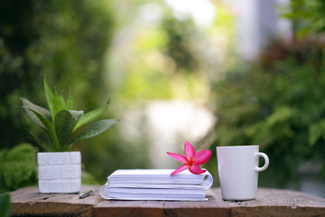 Small plant in brick white pot and white cup with notebooks and frangipani flower on wooden table at outdoor