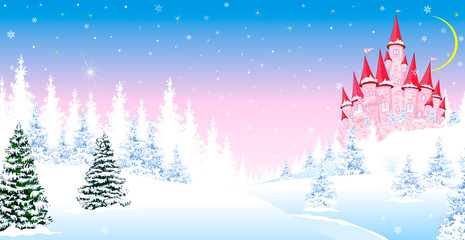 Fairytale castle of the princess on the background of the winter forest