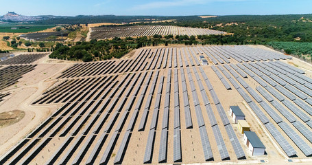 Aerial view of a huge farm of solar panels (solar cell) under the sunlight. There is the reflection of the sun in the the panels which produce renewable energy, solar energy - environment and renewabl