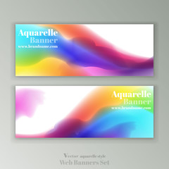 Colorful creative realistic banners set, water colors design  splashes on paper, abstract  blurry waves on white background. 