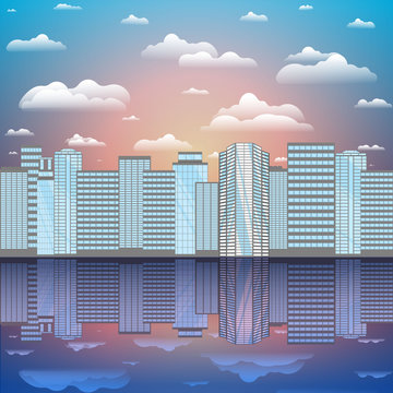 Urban skycrapers panorama on lake or ocean, big city cartoon illustration