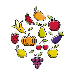 natural healthy food and vegetables vector background with flat icons design