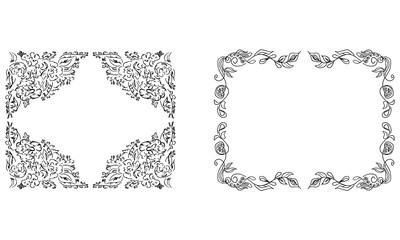 Tropical frame hand drawn. Jungle foliage illustration. Floral border. Hand drawing. Vector, isolated. Natural spring wedding card. Summer tropical leaf. Botanical frame. Line drawing