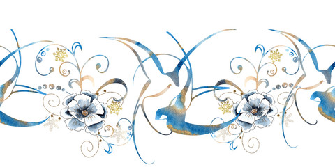 Watercolor floral winter seamless border with flowers, branches, twigs, berries, swallow bird silhouette for wedding invitation, card making