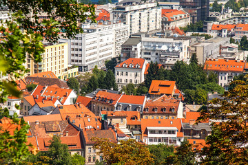 Ljubljana, Slovenia, August 5, 2019. Picturesque city view from the review site Ljubljanski grad