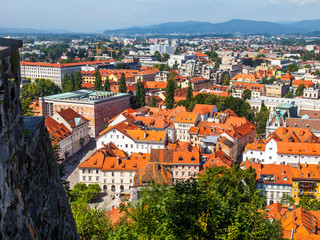 Ljubljana, Slovenia, August 5, 2019. Picturesque city view from the review site Ljubljanski grad