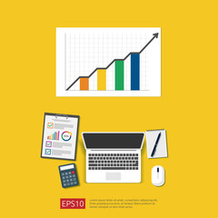 Financial Analysis business, financial statistic and management concept. Workplace desk top view with grow up chart bar document, laptop and report. Flat style vector illustration.