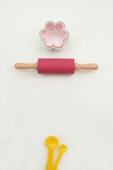 close up of baking utensils tools and cooking concept isolated on white background         