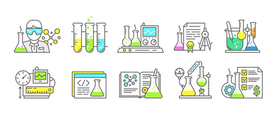 Chemistry science icon set. Measuring production of chemicals kit. Education laboratory research experiments equipment. Outline contour blue line.