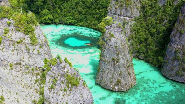 A drone view of small islands in Raja Ampat, Papua, Indonesia