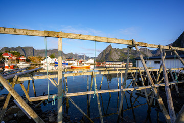 Morning in the Hamnoy fishing village. This is a popular tourist destination for tourists and photographers in the Lofoten Islands, Norway.