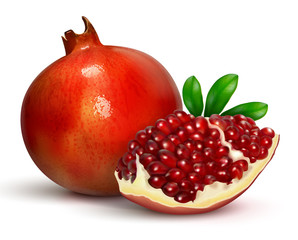 Pomegranate with a quarter of a fruit with burgundy seeds. Realistic illustration for advertising juice, cosmetics, spa. For design of products and cosmetics. Isolated on a white background. Vector