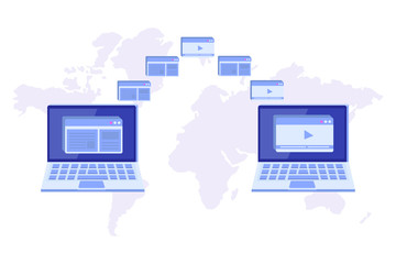 File transfer on notebook  concept.  Could representing syncing. Vector illustration