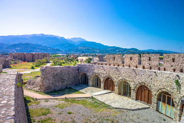 Fototapeta premium Scenic view of Venecian fortress Rio castle in Greece, near Rio-Antirio Bridge crossing Corinth Gulf strait, Peloponnese, Greece