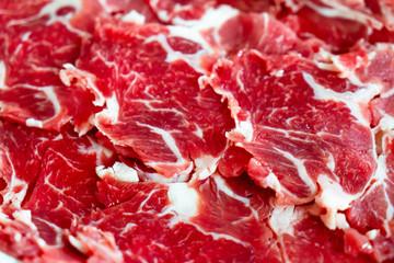 Fresh raw marbled bacon from slided red beef for shabu, BBQ or grill.