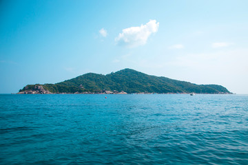 Similan Islands, Andaman Sea, Thailand, March 18, 2018: National park, beautiful blue sea. White boats with tourists.