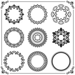 Vintage set of round elements. Different elements for decoration and design frames, cards, menus, backgrounds and monograms. Classic patterns. Set of black vintage patterns
