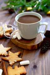 Cup Of Hot Chocolate  With Christmas Lights In Background