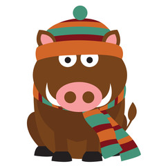 Fototapeta premium Cute boar wearing a knitted warm hat, and a scarf. Vector flat illustration isolated on the white background
