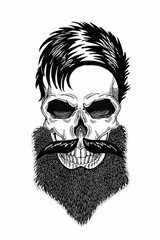 Fototapeta premium Monochrome illustration barbershop of skull with beard, mustache, hipster haircut and on white background, cartoon, angry, beautiful, brutal.