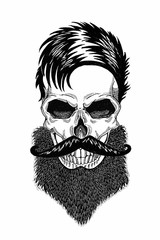 Monochrome illustration barbershop of skull with beard, mustache, hipster haircut and on white background, cartoon, angry, beautiful, brutal.