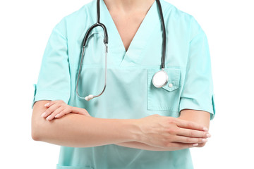 Female nurse with stethoscope on white background, closeup